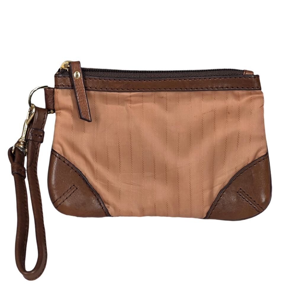 WOMEN'S TAN FABRIC & BROWN LEATHER WRISTLET – GOLD HARDWARE – 7" x 5" – ZIP TOP